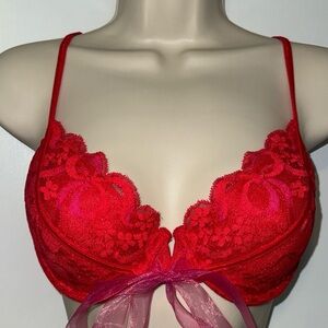 Victoria's Secret Push Up Underwire Front Close Bra w Bow Red Lace 34D